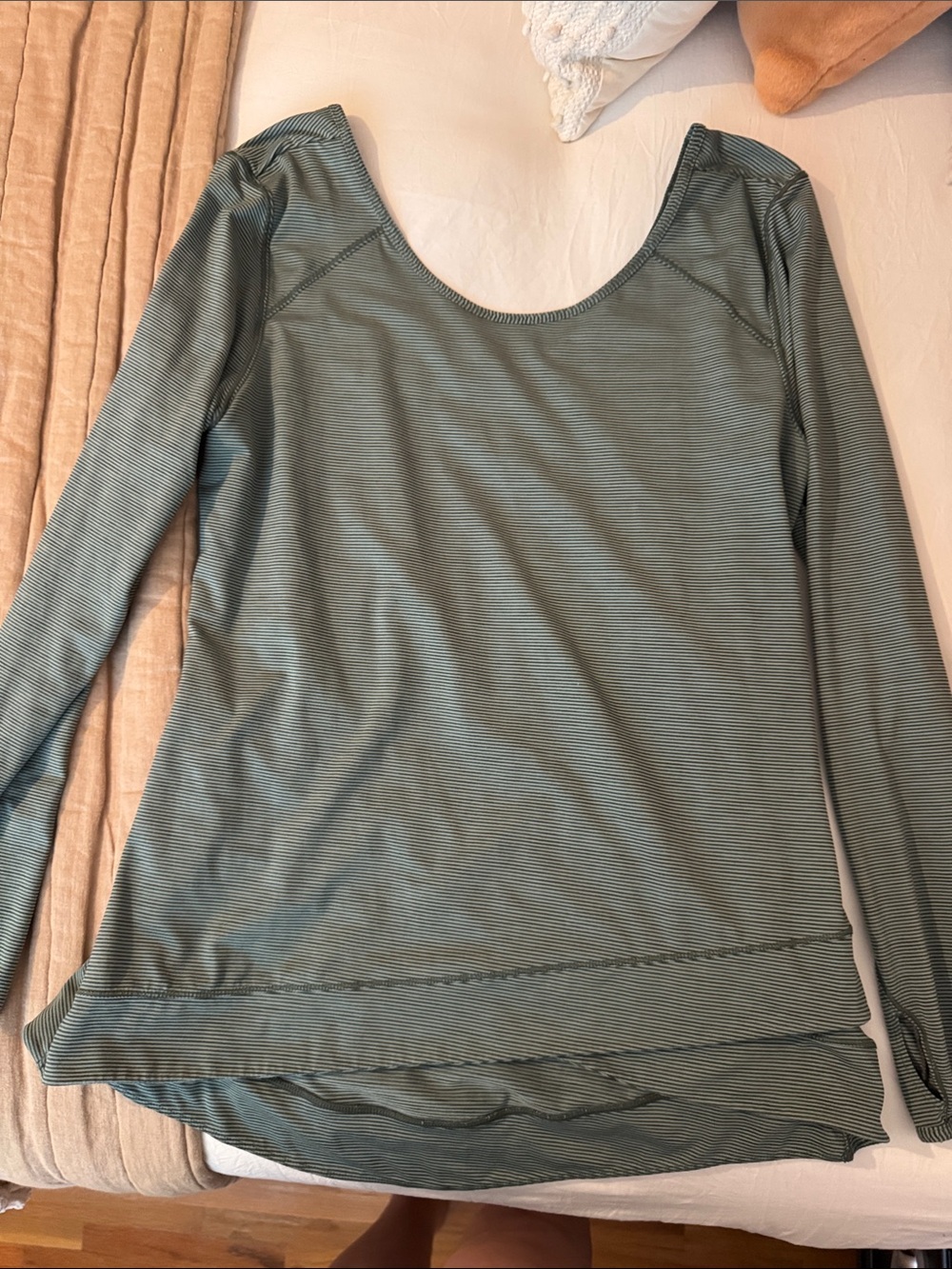 Zella Scoop Neck Long-Sleeve Top in Sage With Charcoal Stripes